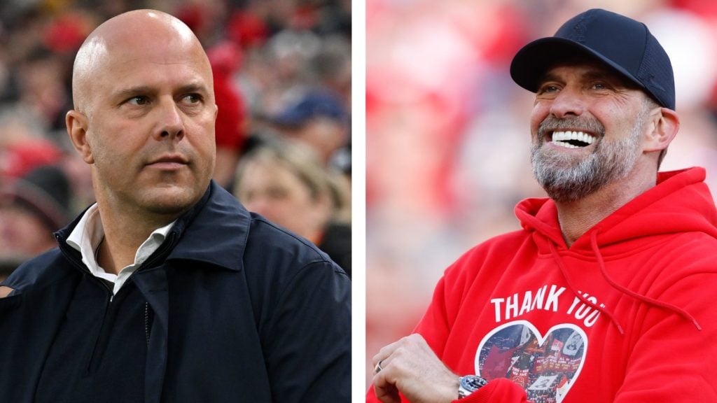 Liverpool head coach Arne Slot (left) looks on before a Premier League match against Fulham at Anfield. Former Liverpool manager Jurgen Klopp (right) interacts with fans after his final match at Anfield against Wolves in the Premier League.