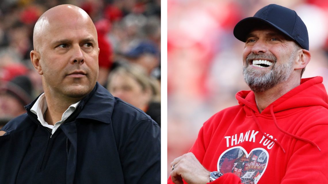 Liverpool head coach Arne Slot (left) looks on before a Premier League match against Fulham at Anfield. Former Liverpool manager Jurgen Klopp (righ...