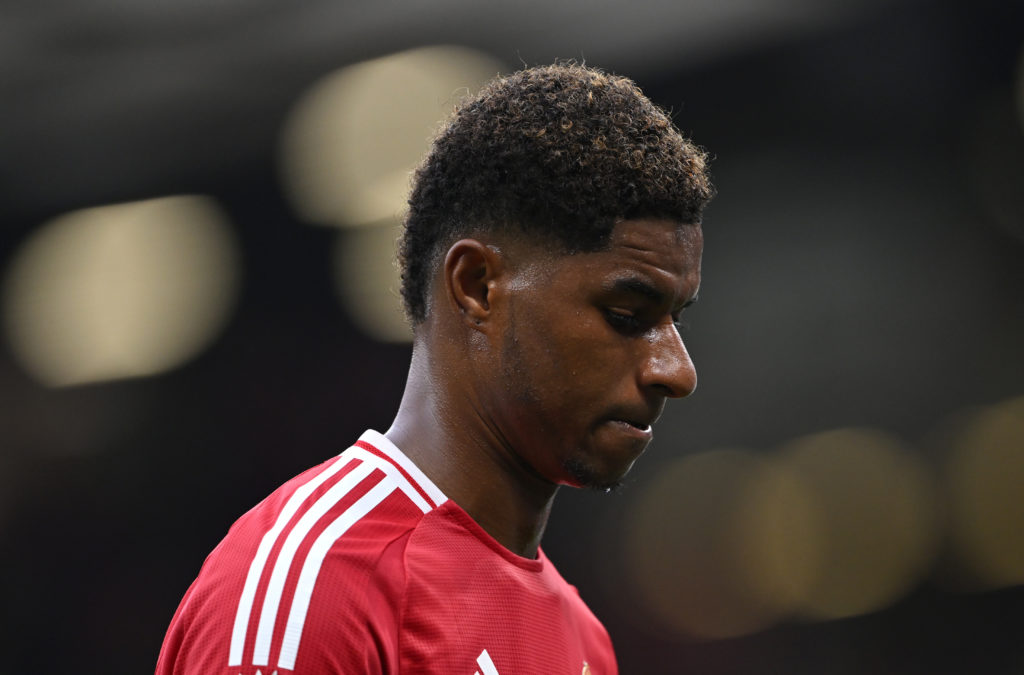 Marcus Rashford of Manchester United looks dejected, as they walk off for half time during the Premier League match between Manchester United FC and Liverpool FC at Old Trafford