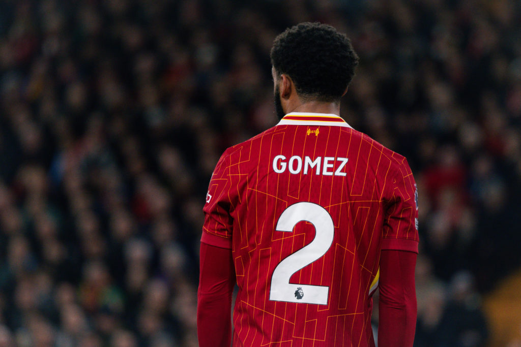 Joe Gomez in action for Liverpool against Manchester City at Anfield.