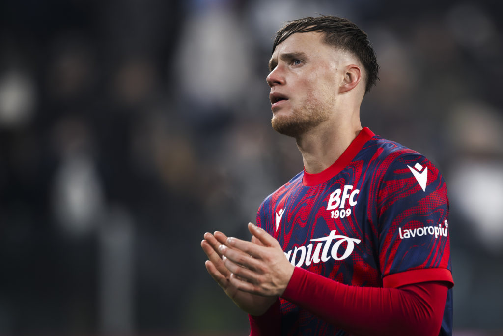 Sam Beukema of Bologna FC gestures at the end of the Serie A
