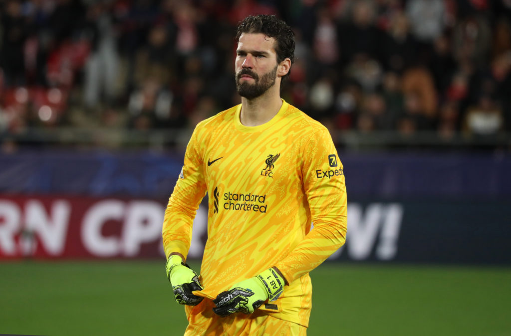 Alisson Becker plays during the match between Girona FC and Liverpool FC, corresponding to week 6 of the League Stage of the UEFA Champions League, at the Montilivi Stadium
