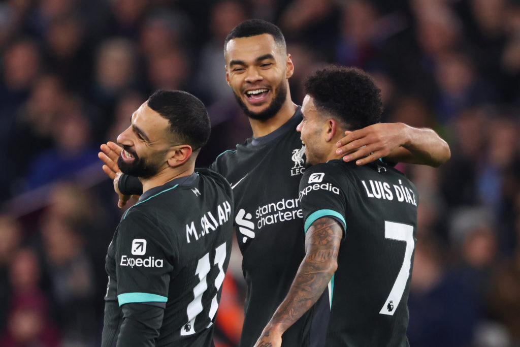 Mohamed Salah, Cody Gakpo and Luis Diaz pictured during a Premier League game between Liverpool and West Ham United.