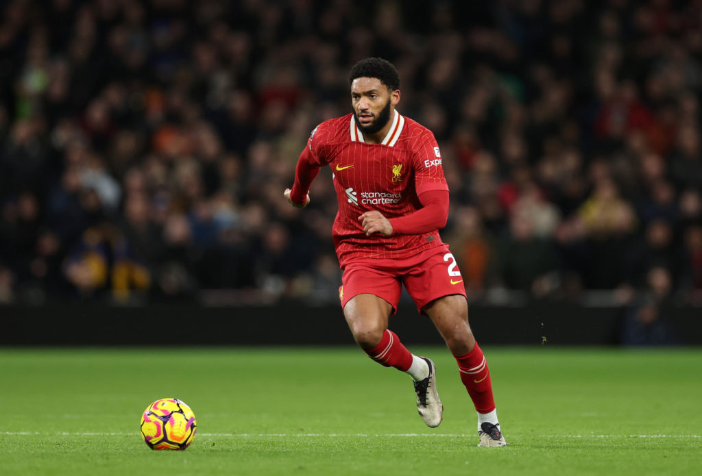 Joe Gomez pictured playing for Liverpool in a Premier League game against Tottenham.