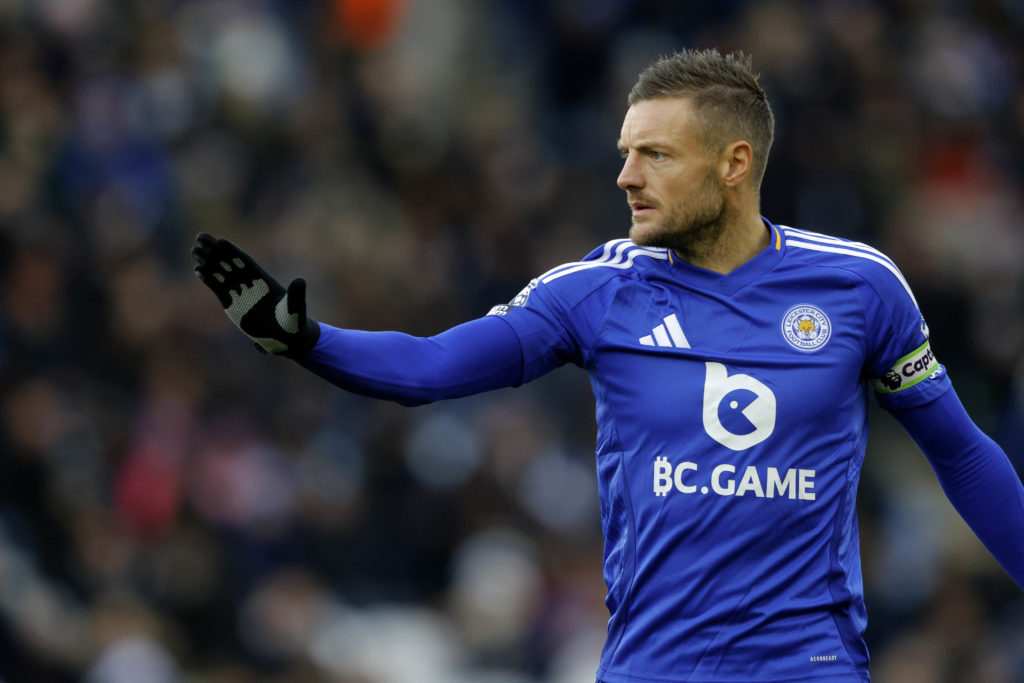 Jamie Vardy of Leicester City reacts during the Premier League match between Leicester City FC and Wolverhampton Wanderers FC at The King Power Stadium
