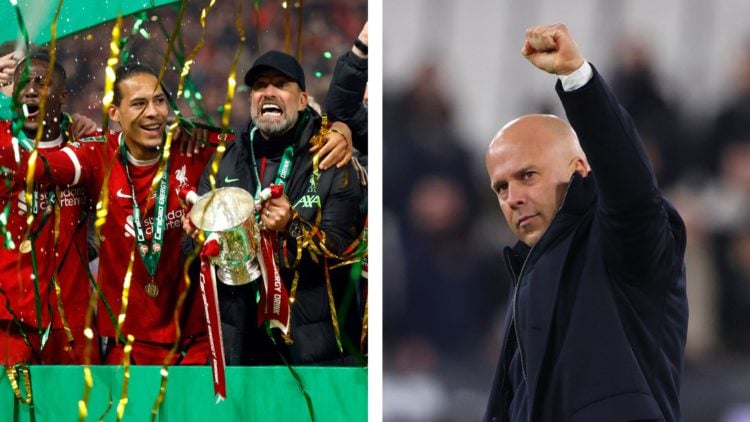 Liverpool captain Virgil van Dijk and manager Jurgen Klopp (left) celebrate winning the 2023/24 EFL Cup. Liverpool head coach Arne Slot (right) cel...