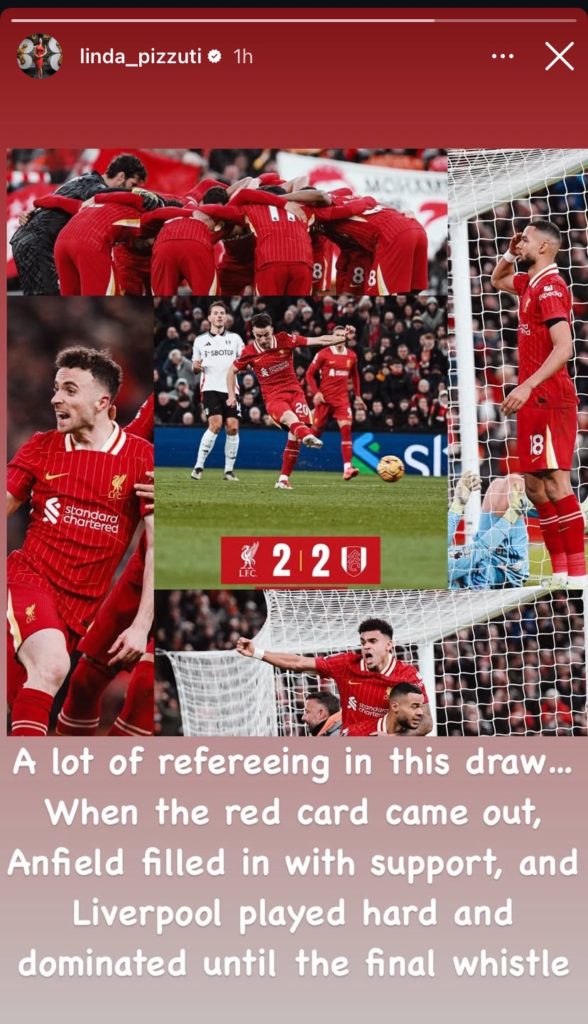 Screengrab of Linda Henry's Instagram story after Liverpool vs Fulham