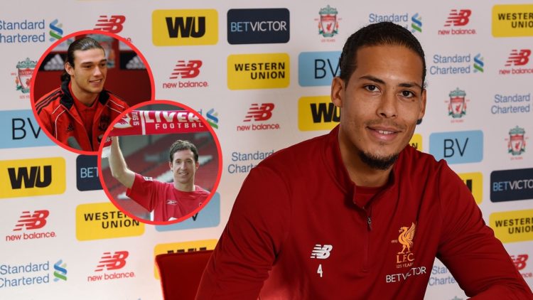 Liverpool defender Virgil van Dijk poses after signing in £75m January 2017 transfer from Southampton. Inset, Liverpool striker Andy Carroll (top) ...