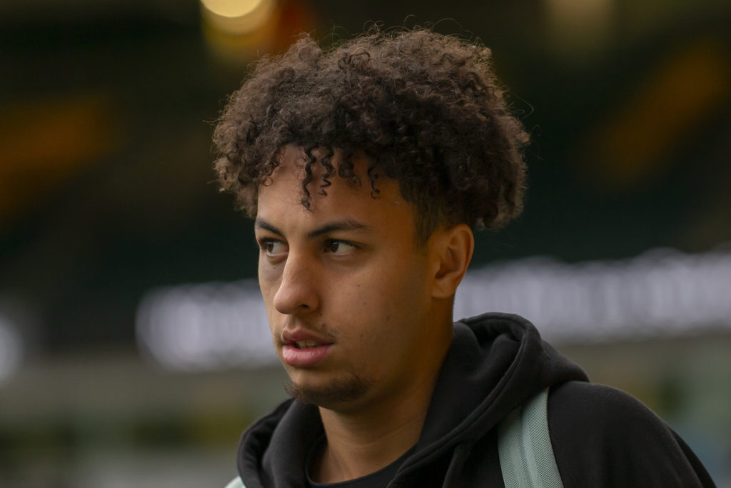 Kaide Gordon of Norwich City arrives before the Sky Bet Championship match between Norwich City and Burnley at Carrow Road