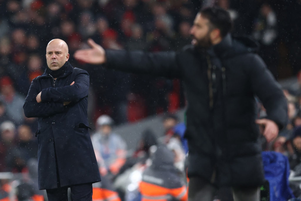 Ruben Amorim and Arne Slot pictured on the touchline during Liverpool's Premier League match against Manchester United at Anfield.