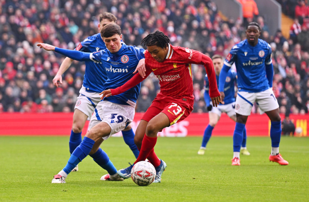 Liverpool youngster Rio Ngumoha runs with the ball during the FA Cup third round clash with Accrington Stanley at Anfield.