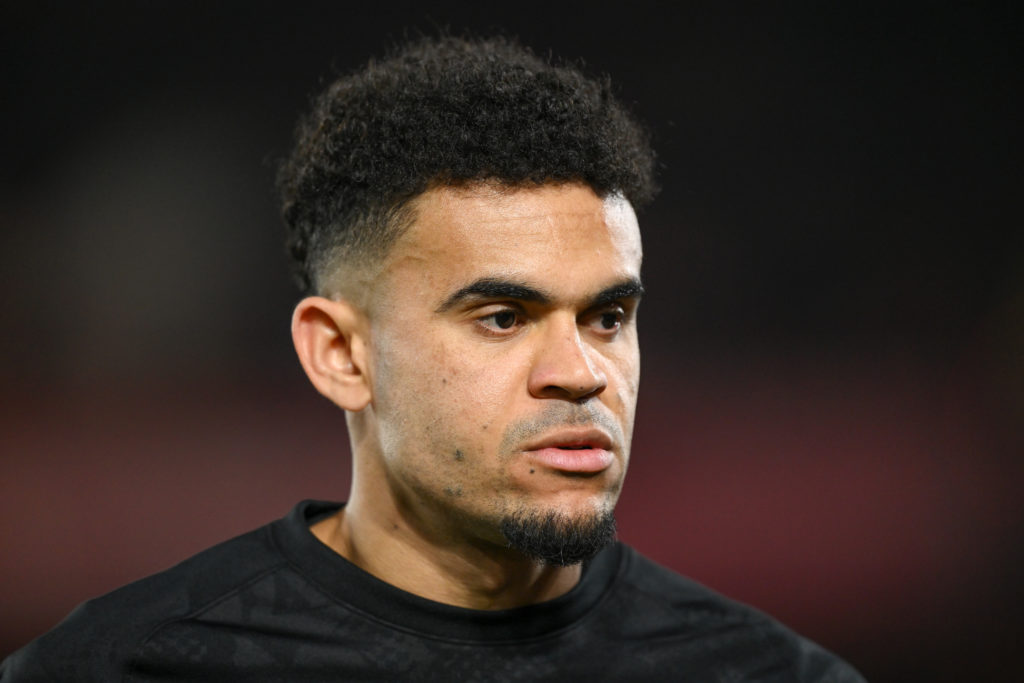 Luis Diaz warms up ahead of Liverpool's Premier League match against Nottingham Forest.