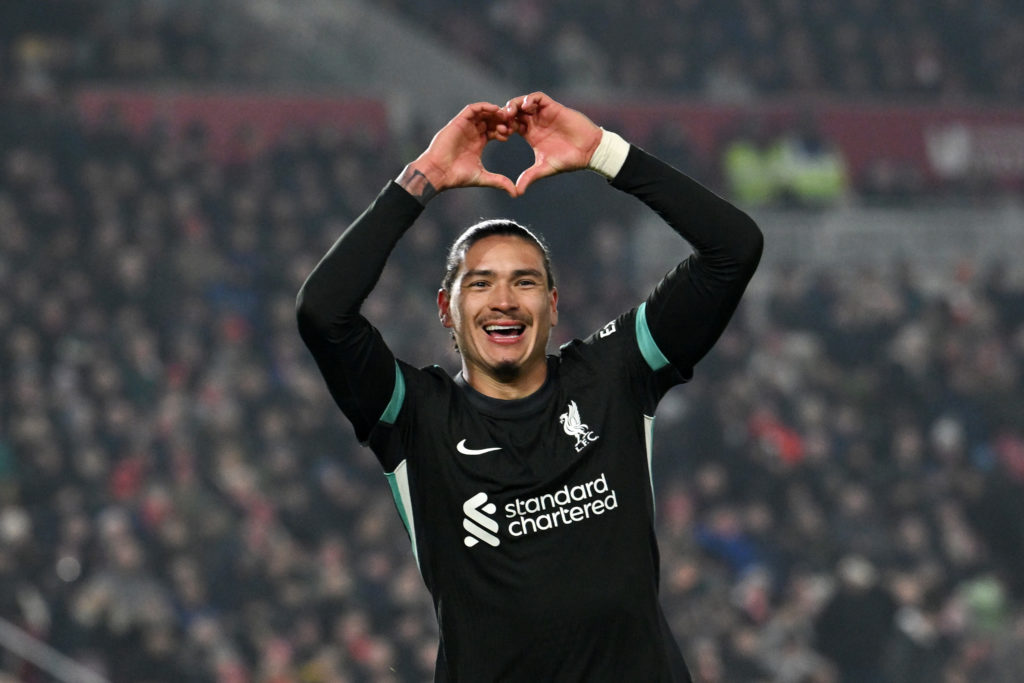 Darwin Nunez of Liverpool celebrates scoring his team's second goal during the Premier League match between Brentford FC and Liverpool FC at Gtech Community Stadium