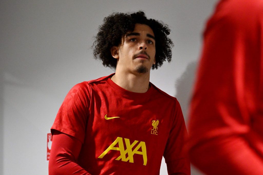 Jayden Danns of Liverpool looks on in the tunnel ahead of the UEFA Champions League 2024/25 League Phase MD7 match between Liverpool FC and LOSC Lille at Anfield