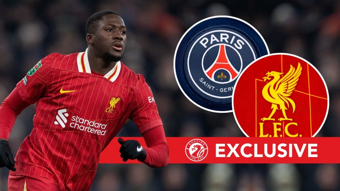 Ibrahima Konate with PSG and LFC badges