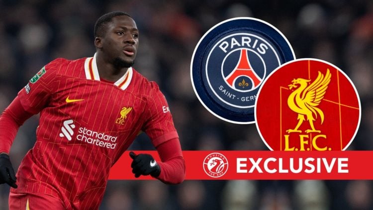 Ibrahima Konate with PSG and LFC badges