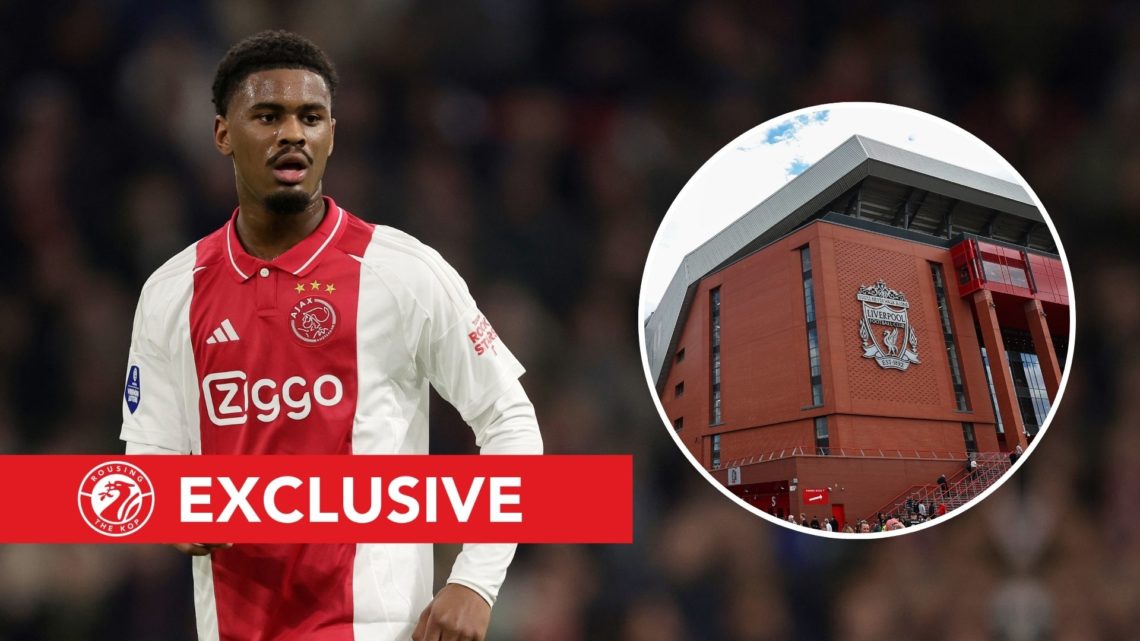 Jorrel Hato of Ajax. Inset, exterior view of Anfield Stadium.