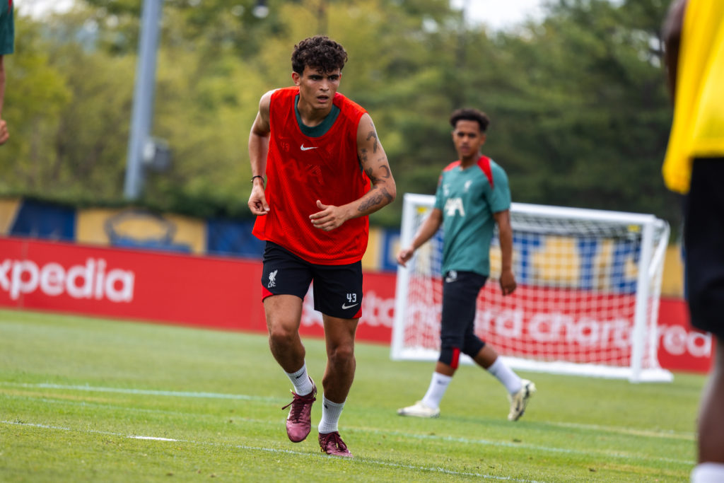 Stefan Bajcetic of Liverpool during a pre-season training session at the UPMC Rooney Sports Complex