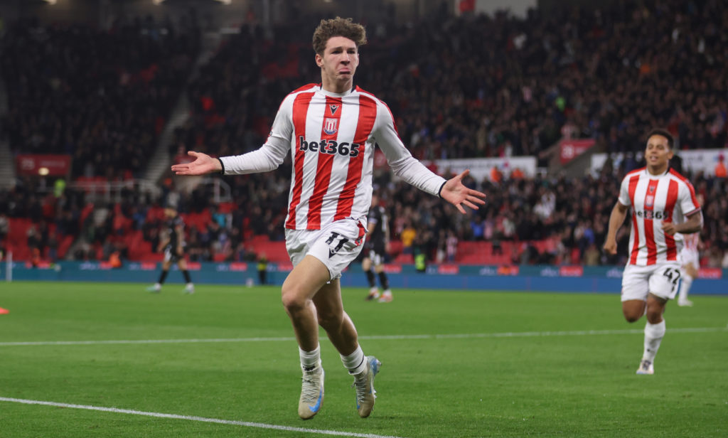Lewis Koumas celebrating scoring a goal for Stoke City.