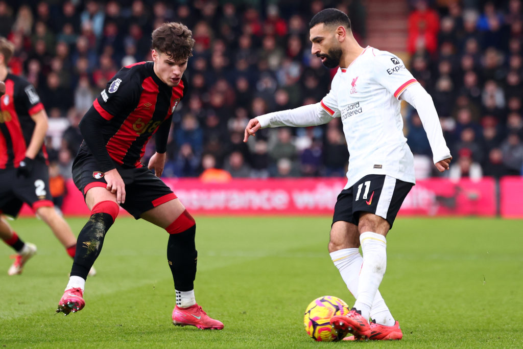 Mohamed Salah faces up Milos Kerkez during Liverpool's Premier League match against Bournemouth at the Vitality Stadium.