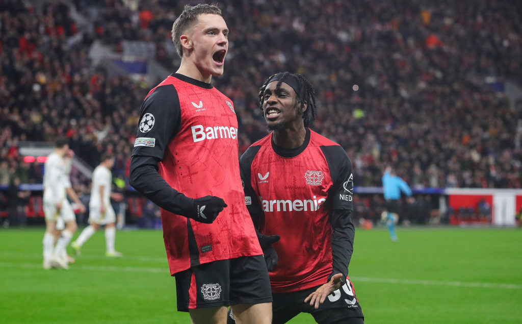 Jeremie Frimpong celebrates with Florian Wirtz after the attacking midfielder scores for Bayer Leverkusen against Sparta Prague in the UEFA Champions League.