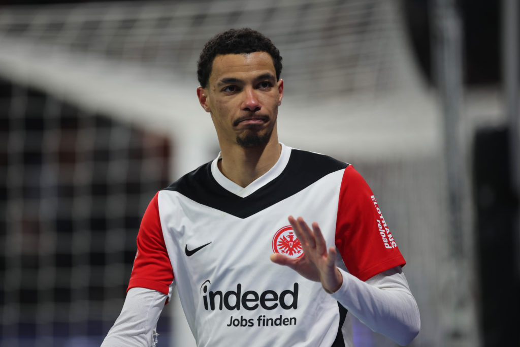 Hugo Ekitike of Eintracht Frankfurt in action against Holstein Kiel in the Bundesliga.