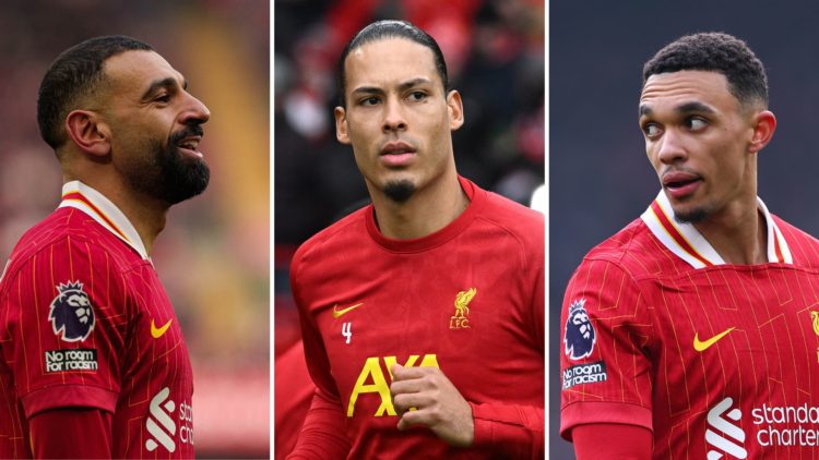 Split image of Mohamed Salah, Virgil Van Dijk, and Trent Alexander-Arnold.