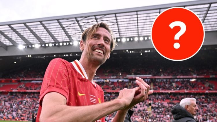 Mystery image of striker Peter Crouch playing for Liverpool Legends after the Legends Charity Match against Chelsea Legends at Anfield.