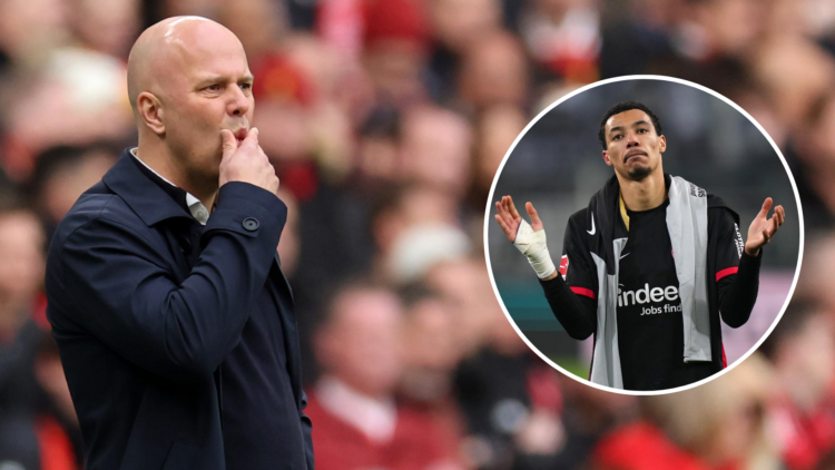 Arne Slot watches on during a Liverpool match. Insert, Hugo Ekitike applauds Eintracht Frankfurt fans