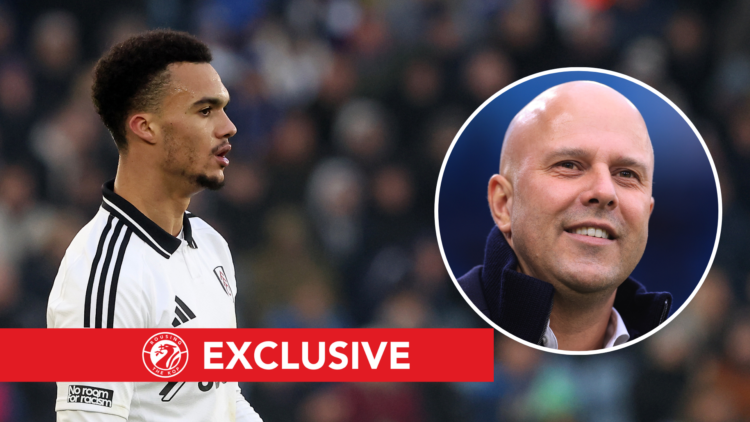 Antonee Robinson of Fulham in action against Leicester City in the Premier League on January 18th 2025. Insert, Arne Slot watches on before Man Cit...