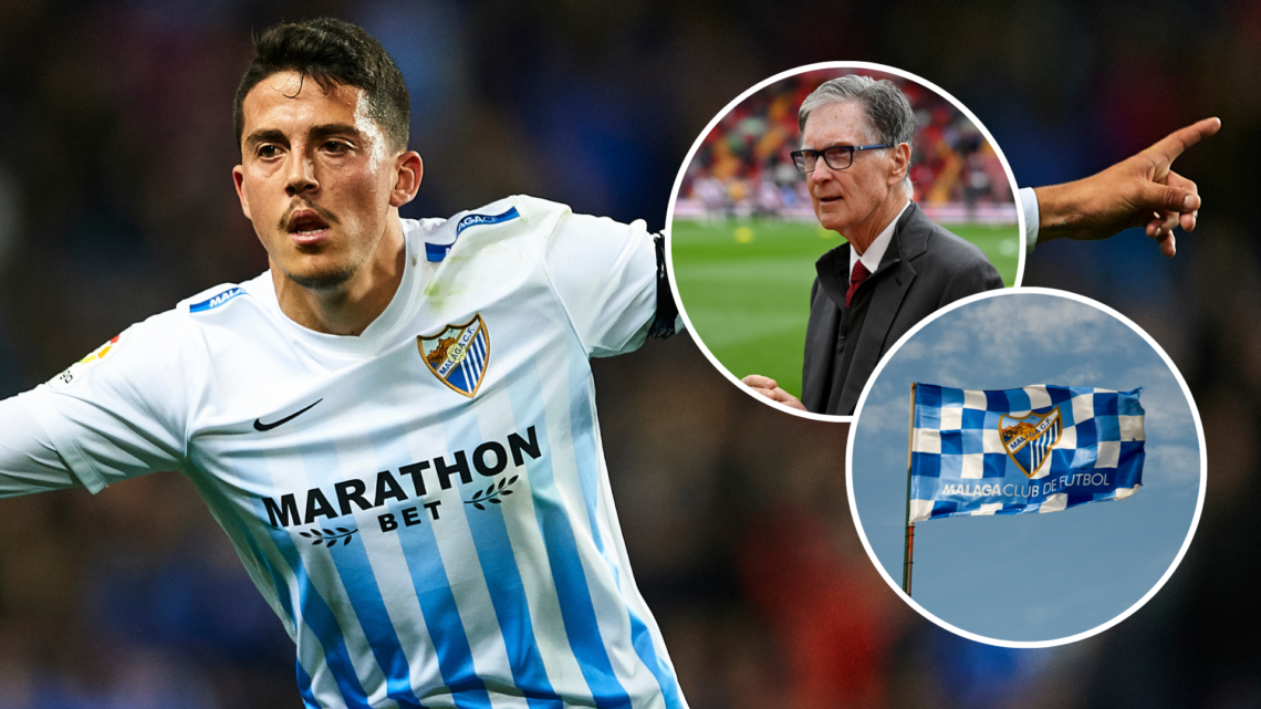 Pablo Fornals celebrates while scoring for Malaga. Liverpool owner John Henry stands on the pitch at Anfield. A Malaga FC flag flies in the wind.