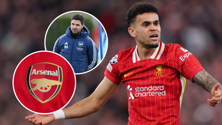 Luis Diaz remonstrates during Liverpool vs PSG. Insert - Mikel Arteta watches on during Arsenal training. Insert - Arsenal badge image