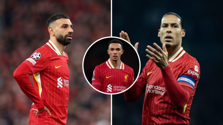 Split image of Liverpool's Mohamed Salah [L] and Virgil van Dijk [R] with an insert of Trent Alexander-Arnold