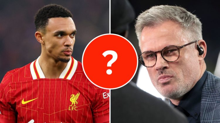 Liverpool defender Trent Alexander-Arnold [L] and pundit Jamie Carragher [R] with a mystery insert