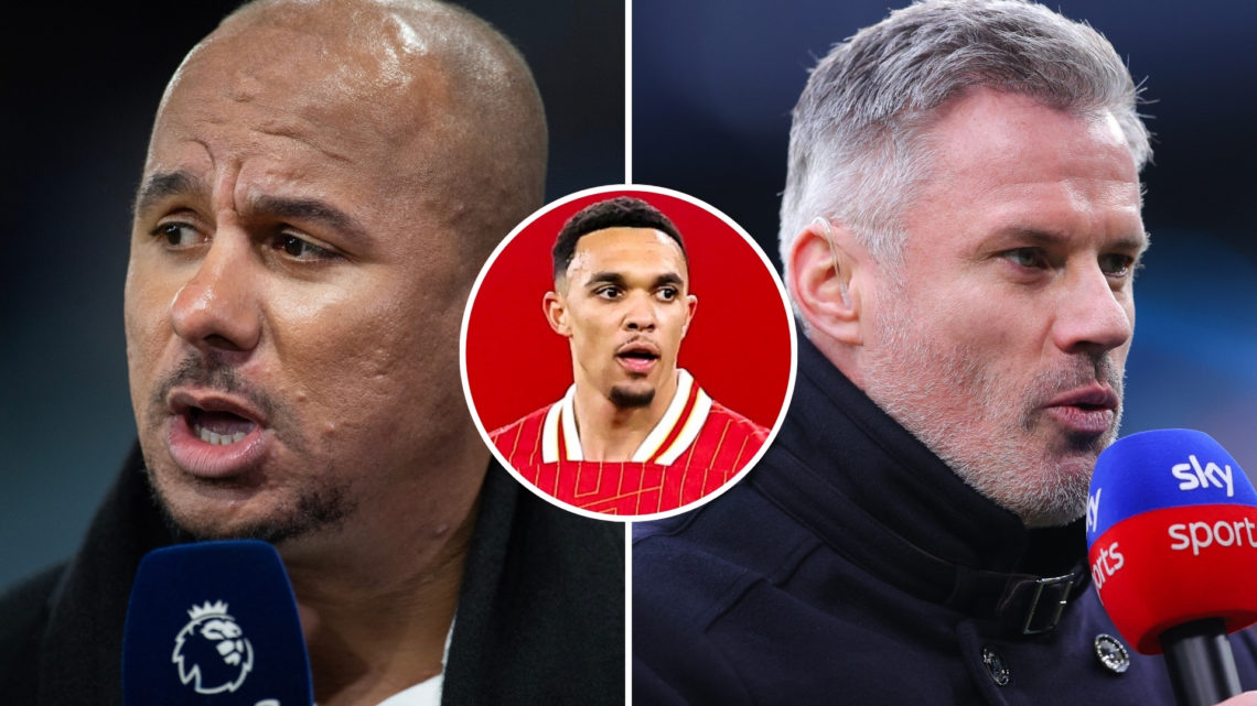 Split image of Amazon Prime pundit Gabriel Agbonlahor before the Premier League match between Aston Villa and Liverpool FC at Villa Park on Decembe...