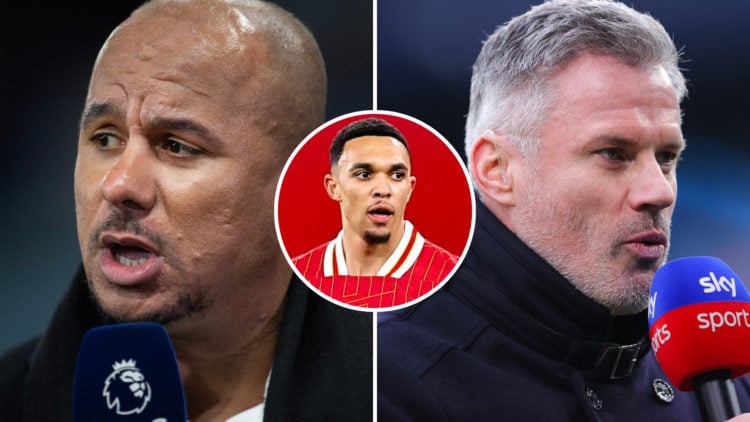 Split image of Amazon Prime pundit Gabriel Agbonlahor before the Premier League match between Aston Villa and Liverpool FC at Villa Park on Decembe...