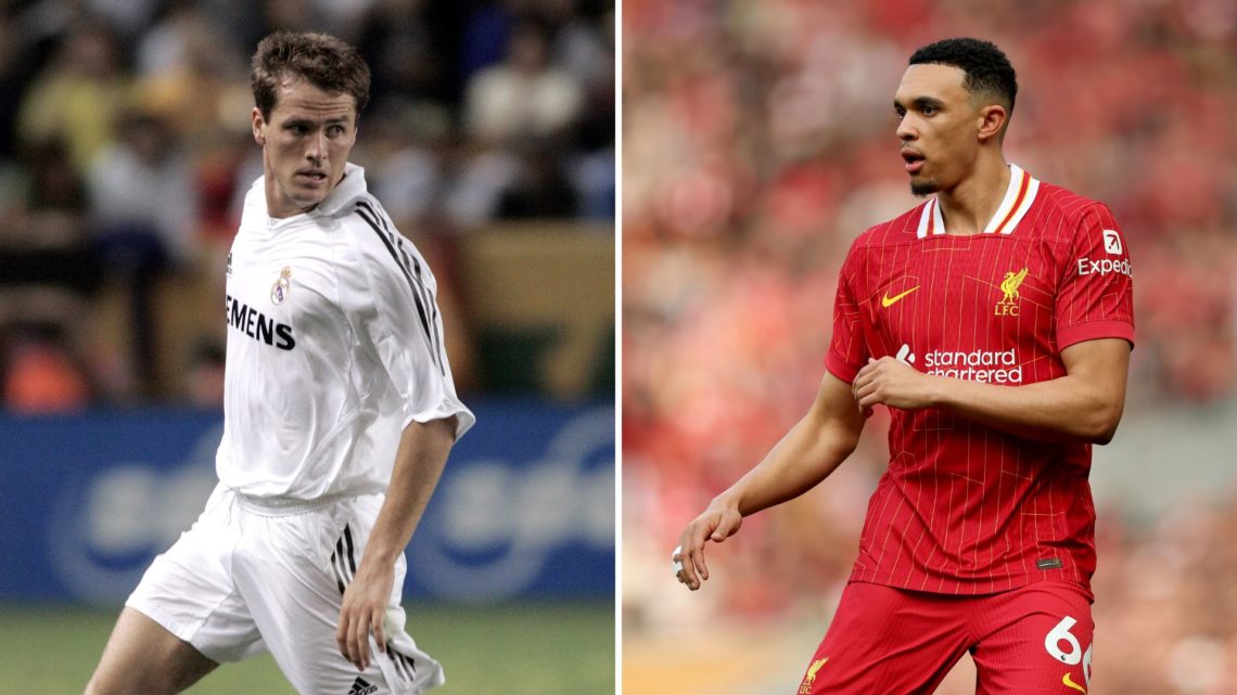 Split image of Trent Alexander-Arnold of Liverpool during the Premier League match between Liverpool FC and Southampton FC, and Michael Owen of Rea...