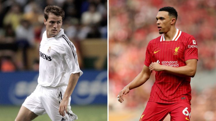 Split image of Trent Alexander-Arnold of Liverpool during the Premier League match between Liverpool FC and Southampton FC, and Michael Owen of Rea...