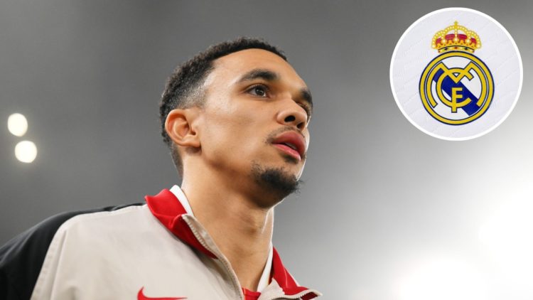 Liverpool defender Trent Alexander-Arnold with an insert of the Real Madrid badge