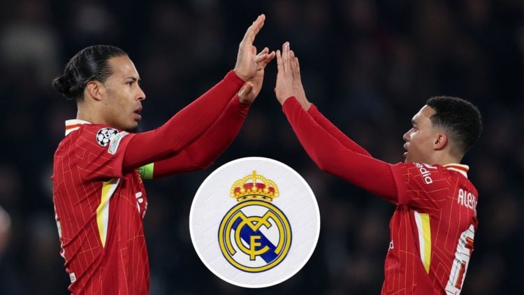 Liverpool players Virgil van Dijk and Trent Alexander-Arnold with an insert of the Real Madrid badge