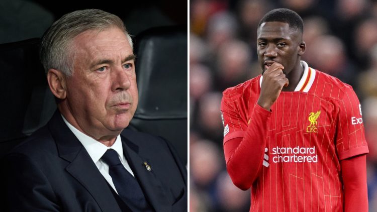 Split image of Carlo Ancelotti, Head Coach of Real Madrid (left), and Ibrahima Konate of Liverpool FC (right).
