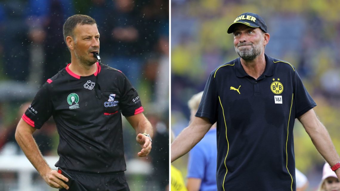 Split image of Referee Mark Clattenburg during Conifa Paddy Power World Football Cup 2018 Grand Final, and Former Head coach Jürgen Klopp of Boruss...