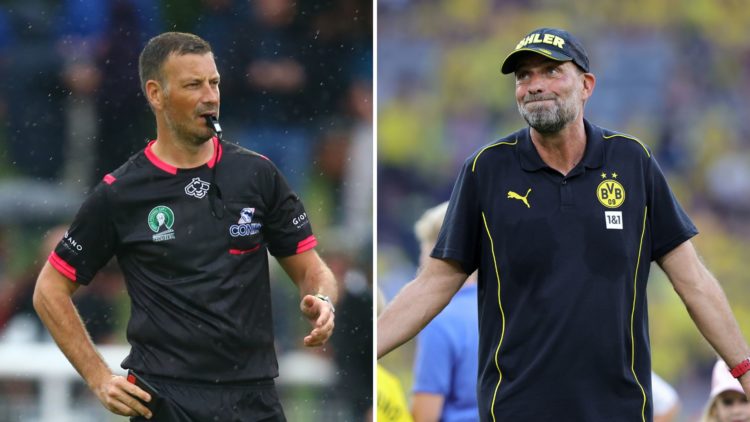 Split image of Referee Mark Clattenburg during Conifa Paddy Power World Football Cup 2018 Grand Final, and Former Head coach Jürgen Klopp of Boruss...
