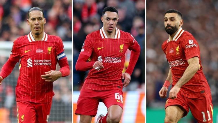 Three-way split image of Liverpool's Virgil van Dijk in action during the Carabao Cup Final between Liverpool and Newcastle United, Trent Alexander...