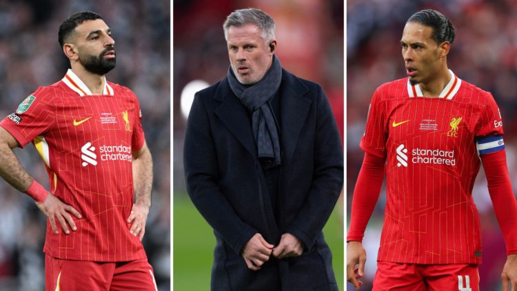 Three-way split image of Virgil van Dijk of Liverpool during the Carabao Cup Final, Jamie Carragher during the Premier League match between Liverpo...