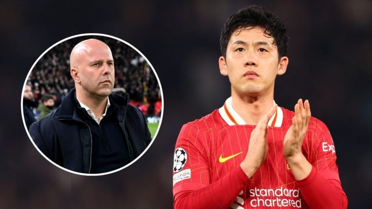 Image of Wataru Endo of Liverpool applauds the fans at the end of the UEFA Champions League 2024/25 with an inset of Arne Slot