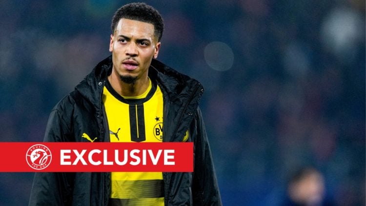 Felix Nmecha of Borussia Dortmund reacts after a UEFA Champions League match, with the RTK Exclusive banner.