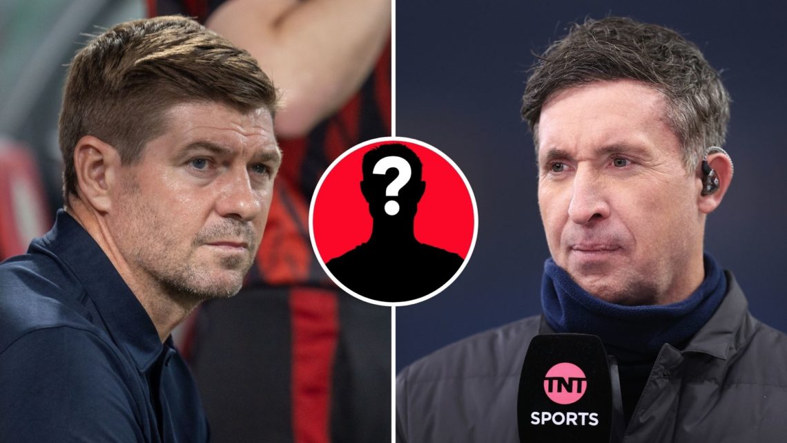 Robbie Fowler works for TNT Sports television during the Premier League match between Aston Villa FC and Liverpool FC, and Steven Gerrard looks on....
