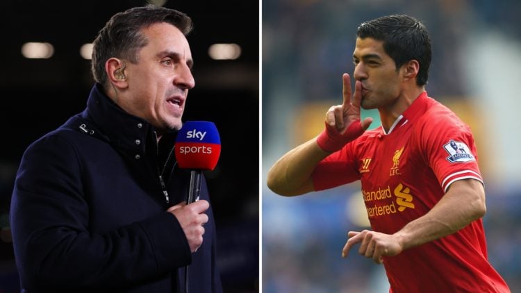 A split image featuring Gary Neville working as a pundit on one side and Luis Suarez during his time at Liverpool on the other.