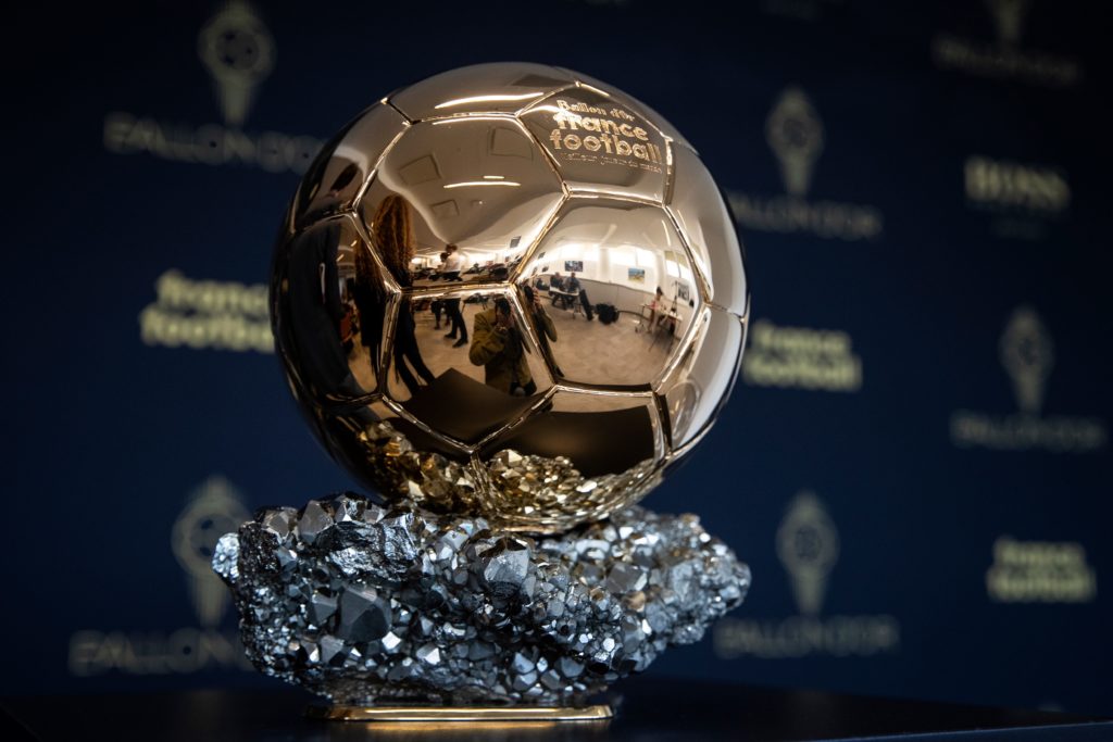 The Ballon d'Or trophy on display during a press conference in Paris.